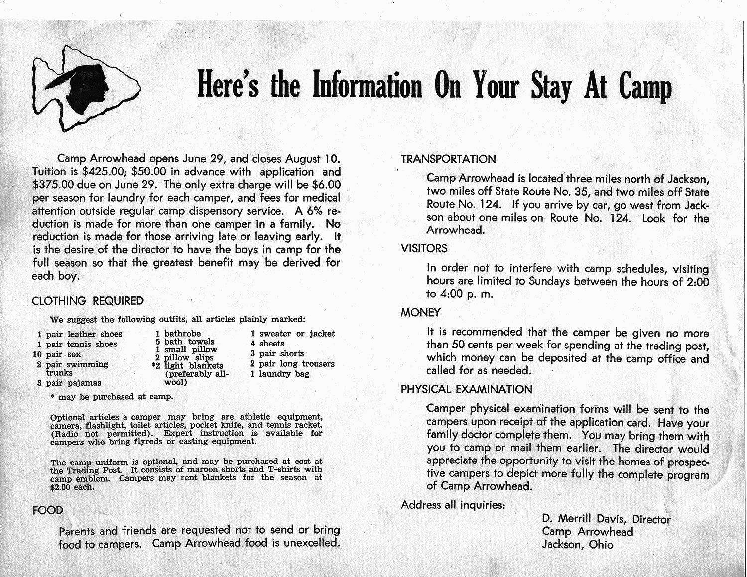 Camp Arrowhead Information Sheet